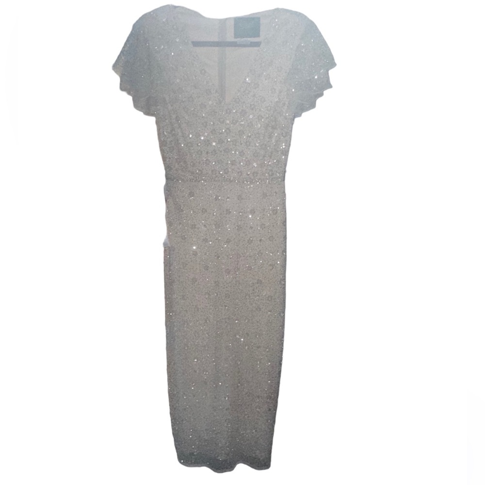 EMBELLISHED RUFFLE CAP SLEEVE V NECK MIDI DRESS - NWOT